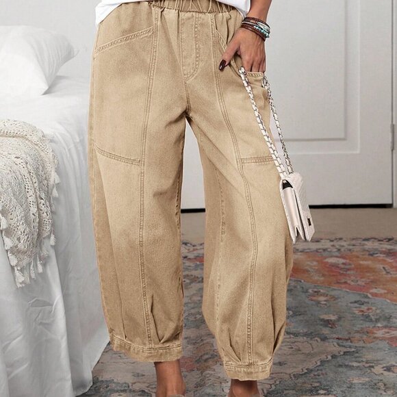 Khaki Casual Women's Vintage Elastic Waist Jeans - Picture 2 of 6